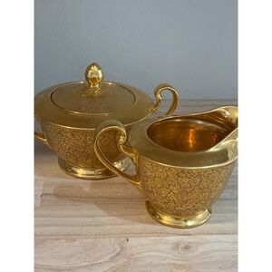 Vintage Gold Floral Embossed Sugar Bowl Creamer Set Porcelain Elegant